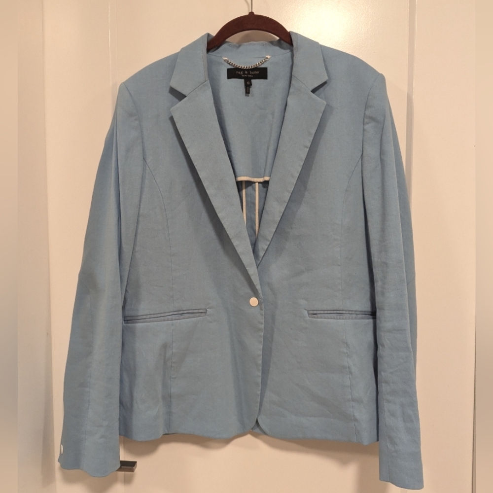 Rag & Bone Single Button Line Blend Office Career Work Light Blue Blazer Size 12